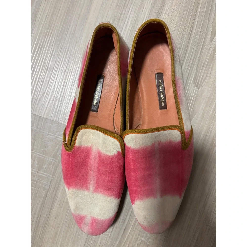 Meher Kakalia Pink Tie Dye Velvet Loafers Smoking Slippers Size 40 Handcrafted